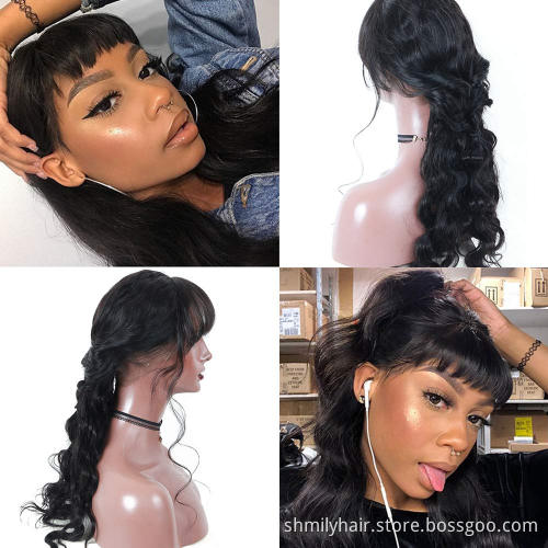 Shmily Wholesale Brazilian Body Wave Wig Full Machine Made Remy Human Hair Wig with Bangs 150 density Straight Wig With Bangs